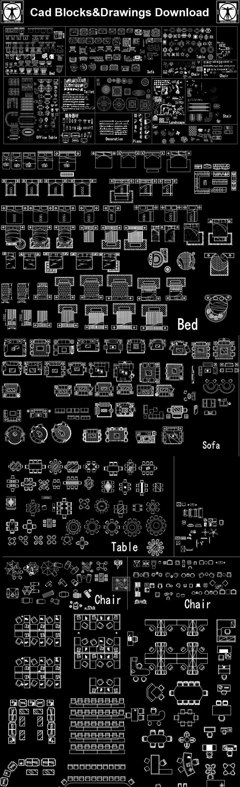 Furniture blocks and elevation ,Sofa,Chair,Cabinet,Appliances Library,Doors & Windows design,Lighting Library,CAD Accessories,Plant Symbols,Landscape Design Blocks,Statues,Ceiling Design,Neoclassical Interiors